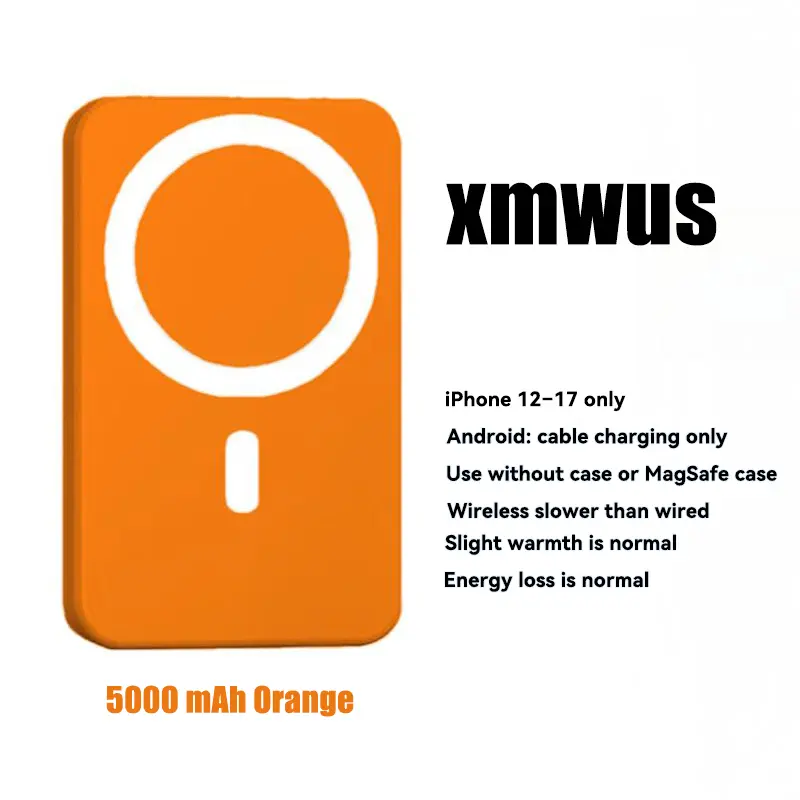 5000mAh Magnetic Power Bank for iPhone 12–17 Series, Works Best with MagSafe Case or No Case, Portable Wireless Charger