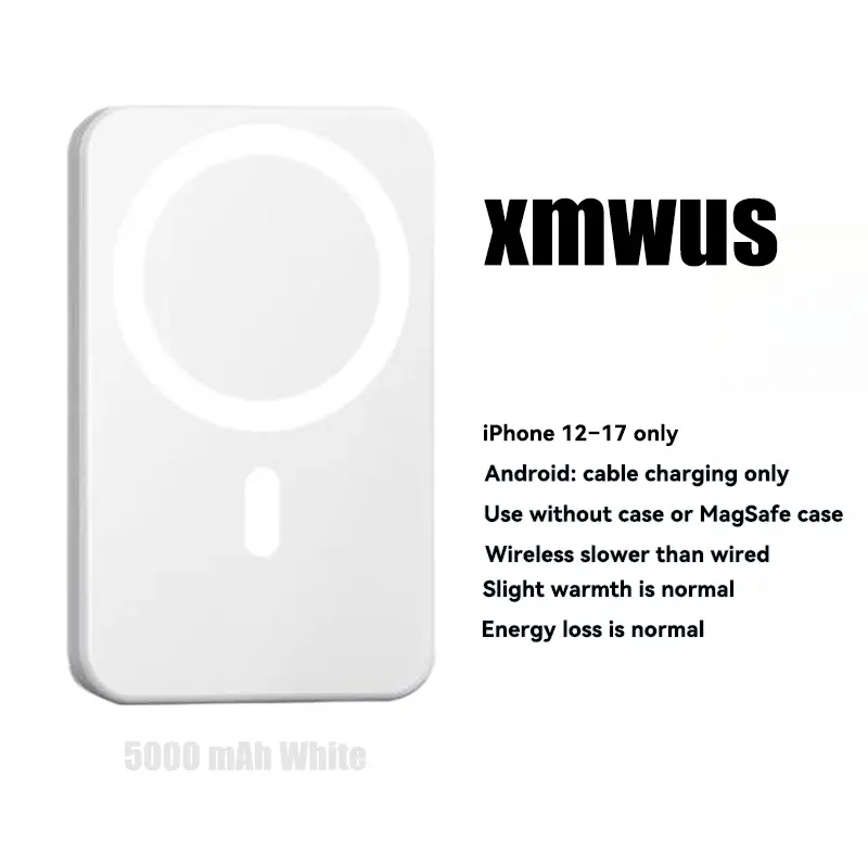 5000mAh Magnetic Power Bank for iPhone 12–17 Series, Works Best with MagSafe Case or No Case, Portable Wireless Charger