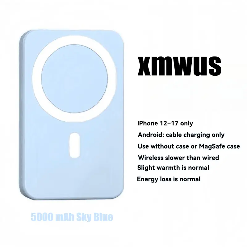 5000mAh Magnetic Power Bank for iPhone 12–17 Series, Works Best with MagSafe Case or No Case, Portable Wireless Charger