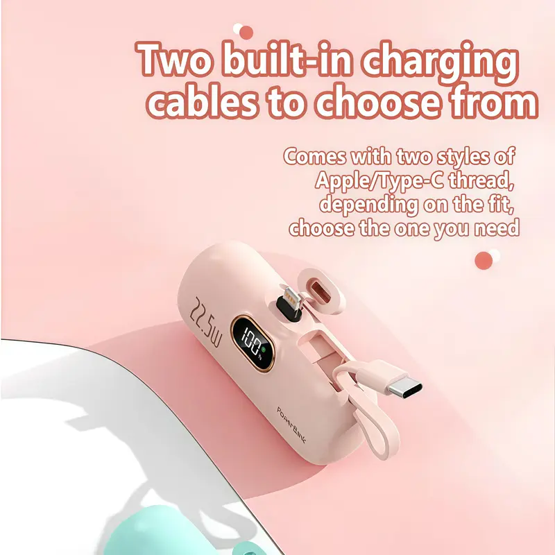 Pocket-Sized 5000mAh Charger, 22.5W Fast Charge, Type-C & USB-A, Digital Power Indicator, Lightweight Design, Compatible with iPhone 11–17
