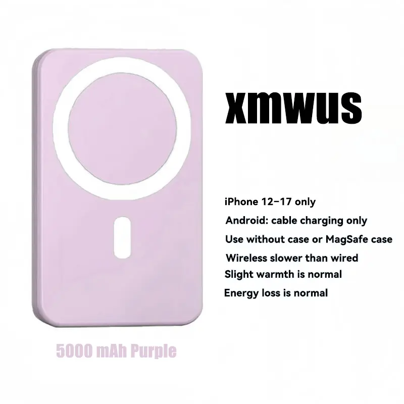 5000mAh Magnetic Power Bank for iPhone 12–17 Series, Works Best with MagSafe Case or No Case, Portable Wireless Charger