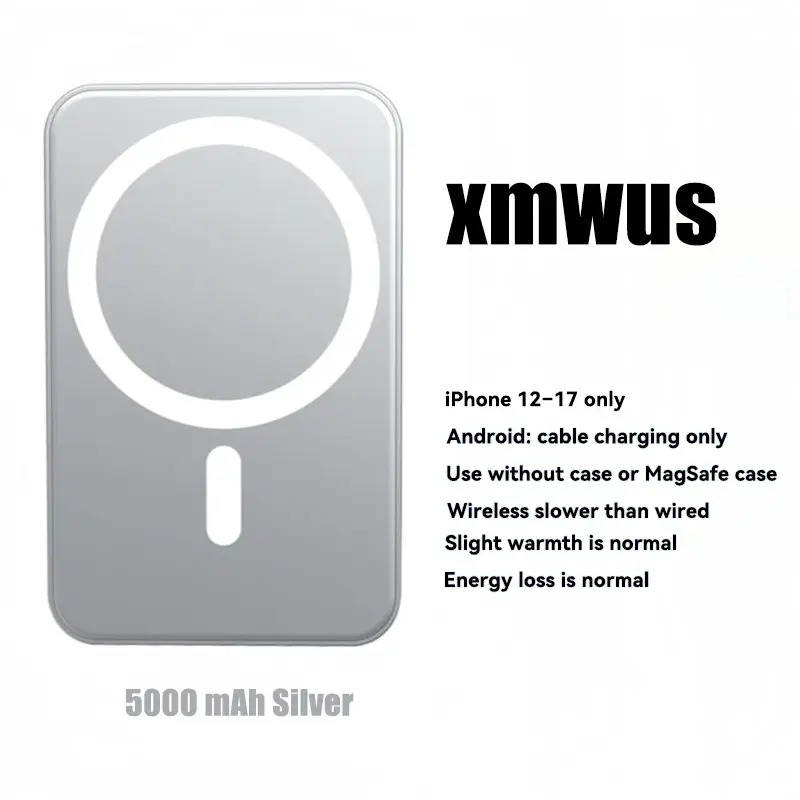 5000mAh Magnetic Power Bank for iPhone 12–17 Series, Works Best with MagSafe Case or No Case, Portable Wireless Charger