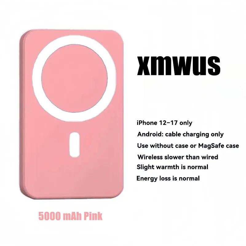 5000mAh Magnetic Power Bank for iPhone 12–17 Series, Works Best with MagSafe Case or No Case, Portable Wireless Charger