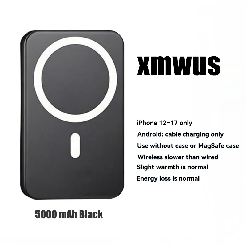5000mAh Magnetic Power Bank for iPhone 12–17 Series, Works Best with MagSafe Case or No Case, Portable Wireless Charger